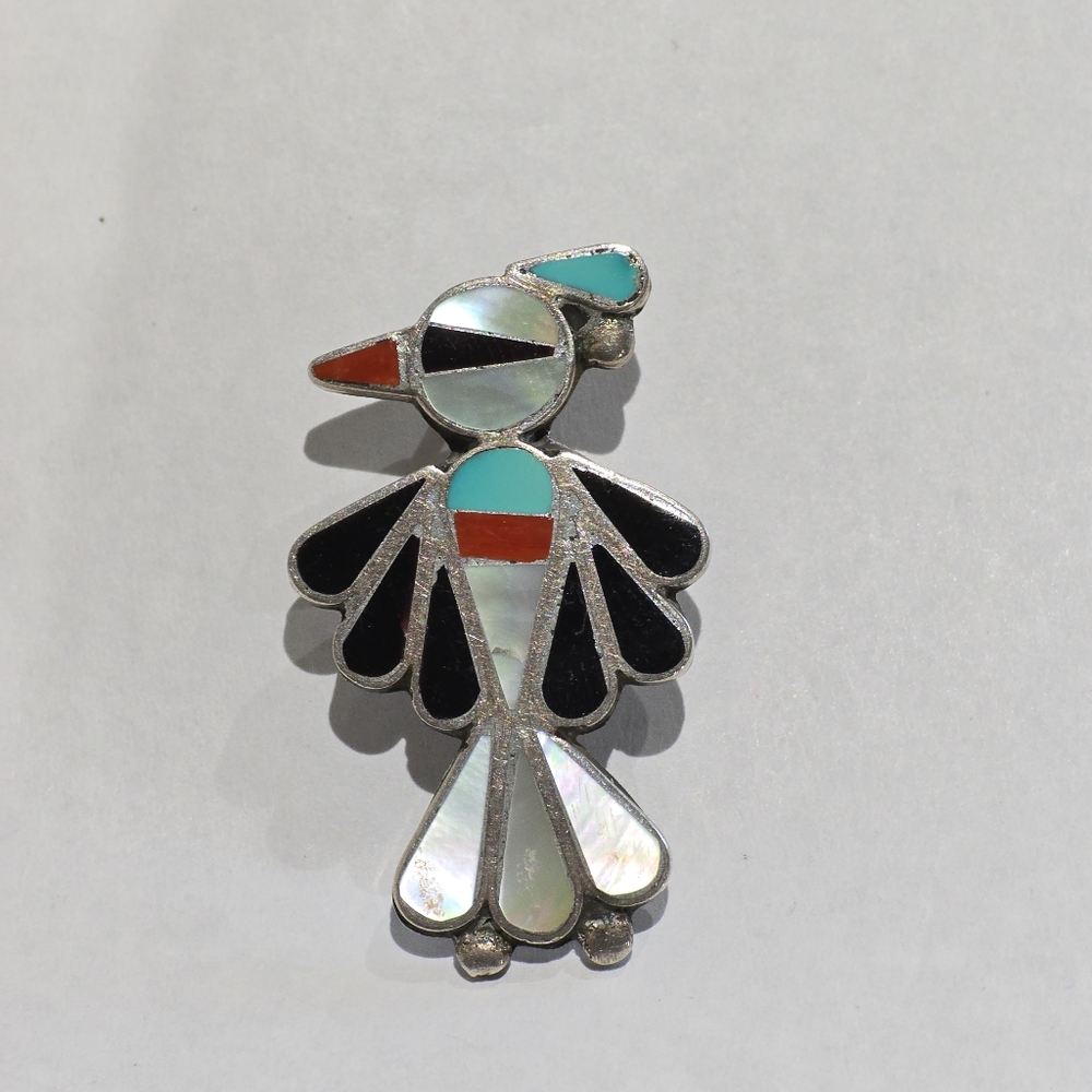 Zuni inlay handmade sterling silver turquoise, Onyx, & coral pin/pendant